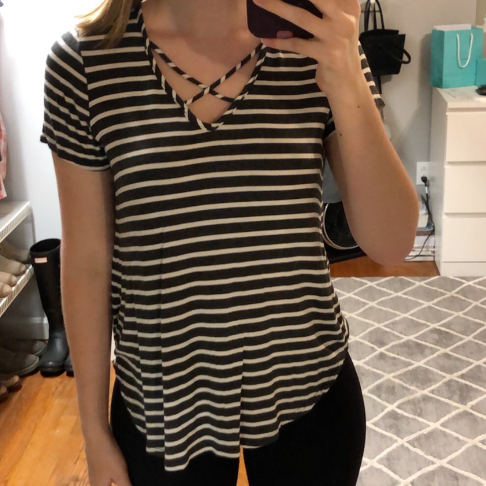 Green and white striped short sleeve t-shirt